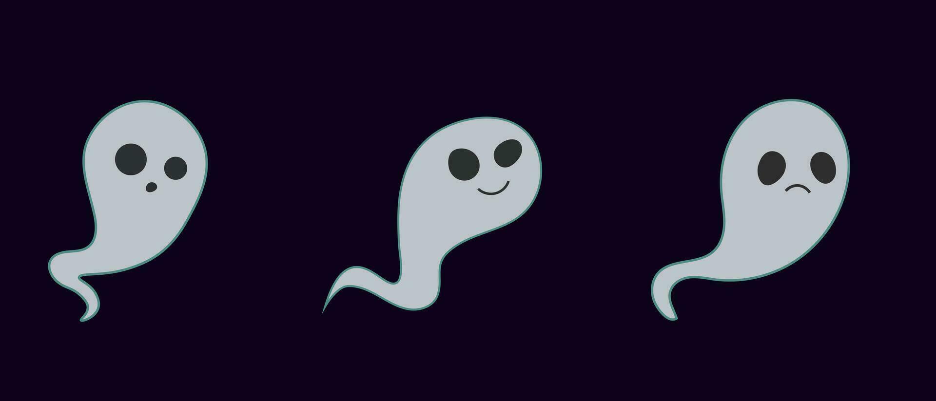 Set of cartoon cute ghosts with lighting. Vector image of ghost, soul, spirit with glow on dark background. Halloween, day of the dead, scary for kids