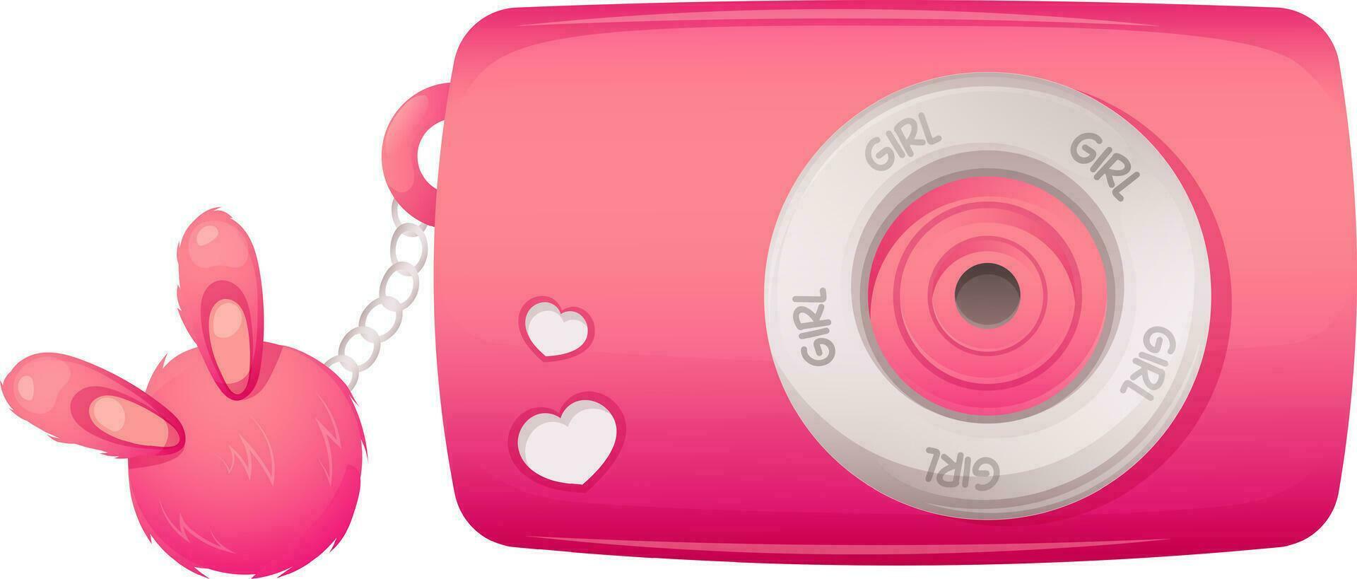 Bright pink camera with fluffy ball keychain with ears. Doll camera, accessories for princess girl. Vector illustration in cartoon style, garish vector