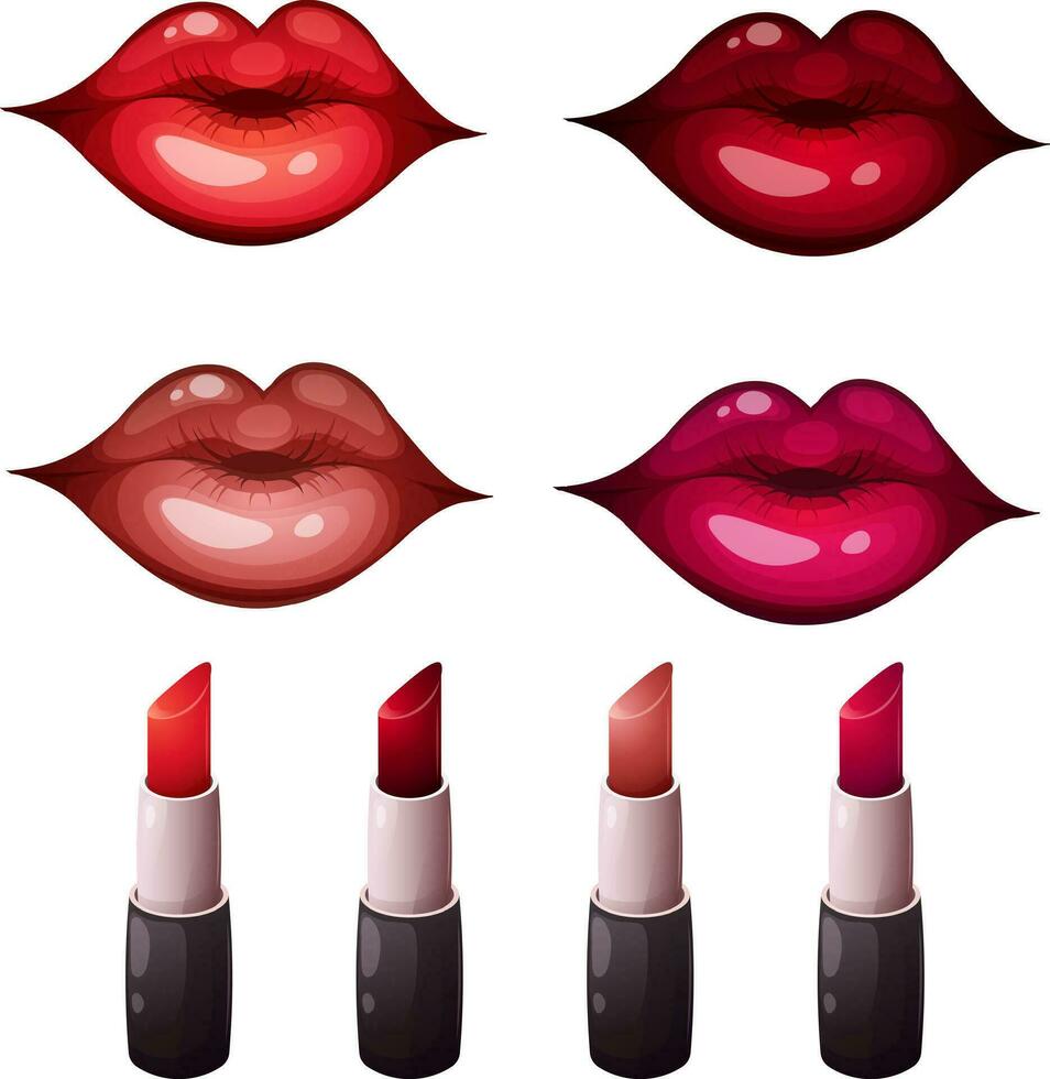 conjunto de brillante jugoso labios y barras de labios labios son rojo, color vino, desnudo, fucsia. vector ilustración en dibujos animados estilo, llamativo vector