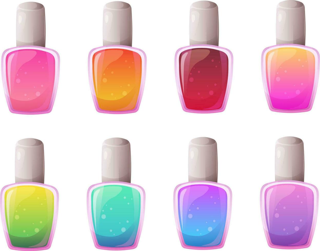 Set of bright nail polishes of different colors. Gel polish, nail coating. Vector illustration in cartoon style, garish vector