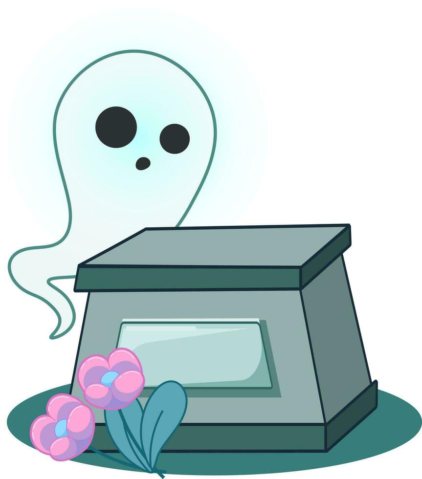 Vector image of a cartoon ghost near a tombstone on a transparent background. Vector image of ghost with grave. Halloween, day of the dead, scary for kids