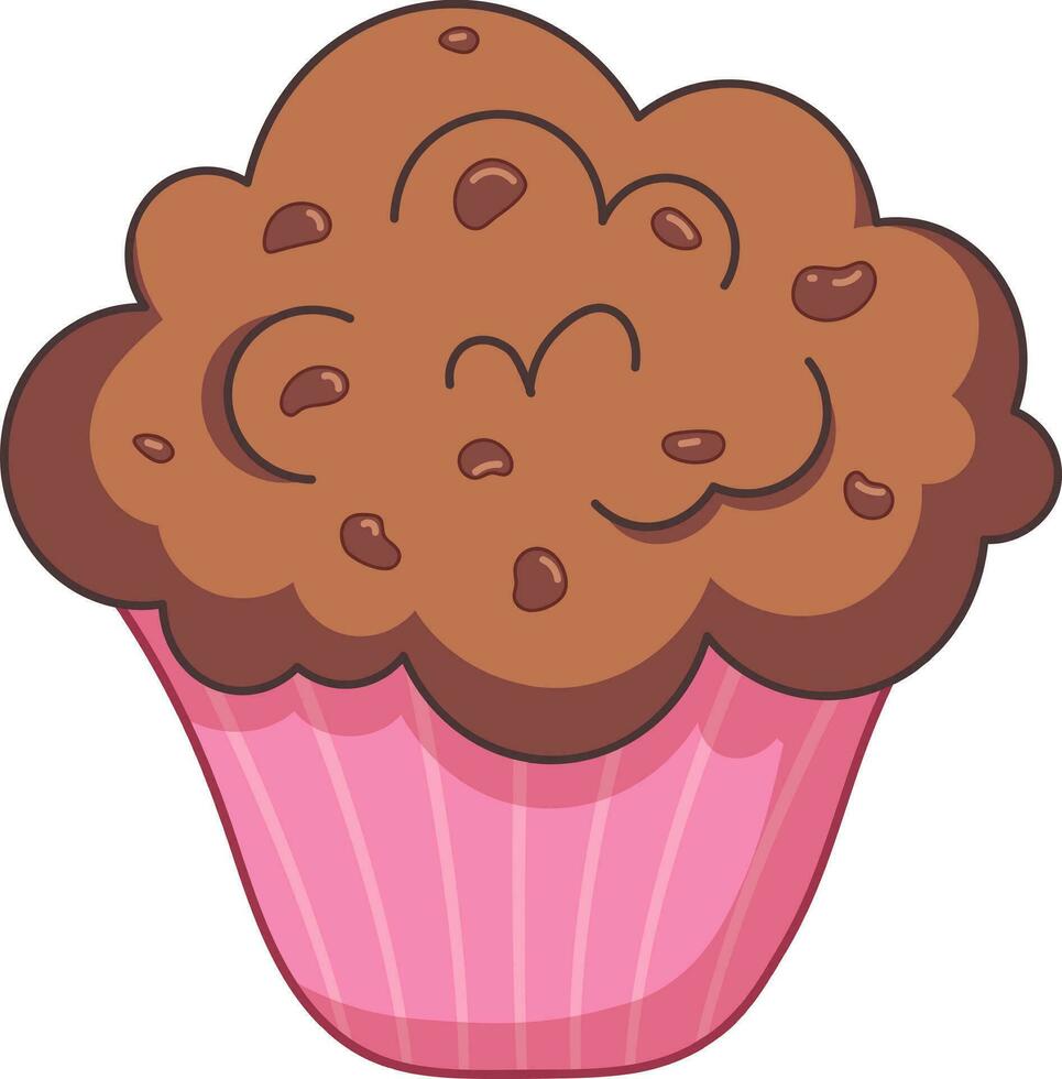 Vector image of muffin, cupcake in cartoon style on transparent background. Sweet pastries in pink wrapper with chocolate pieces