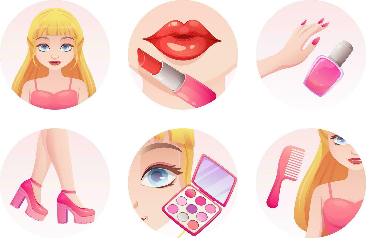 Set of avatars, game icons with pink trend doll and care cosmetics. Self-care, makeup, lipstick, nail polish.  Vector illustration in cartoon style, garish vector