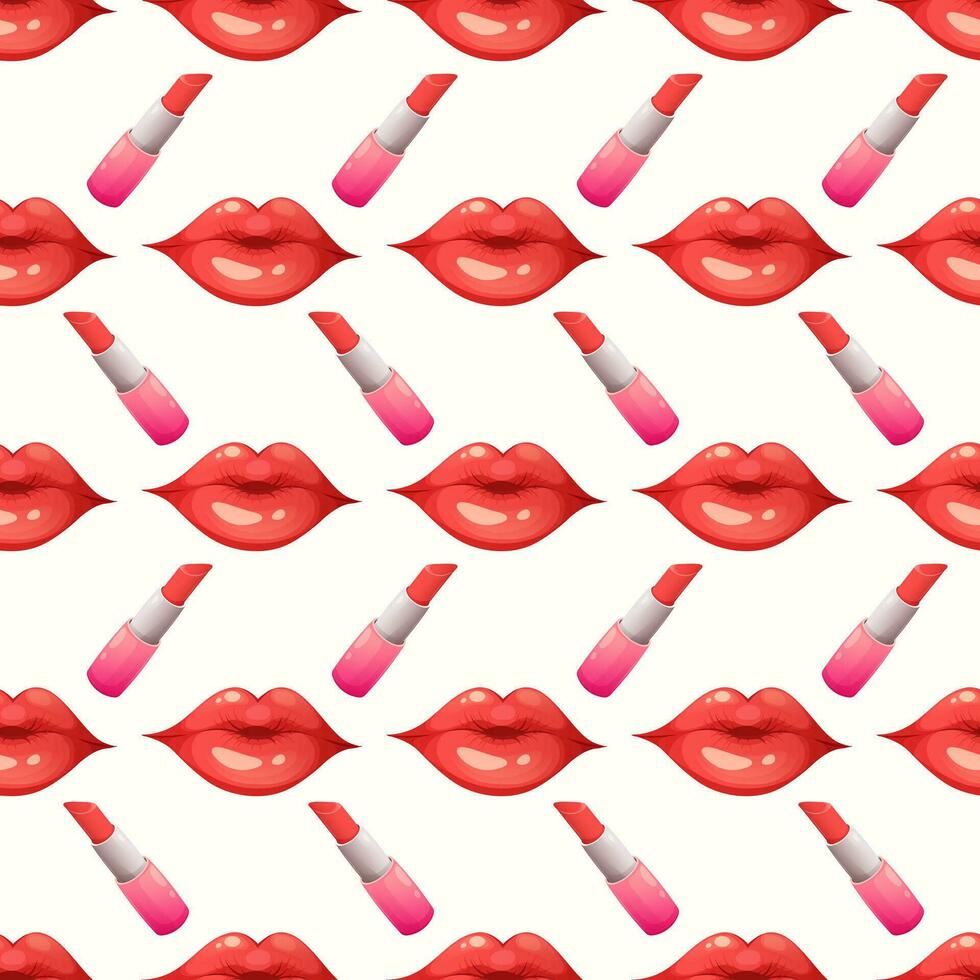 Seamless pattern with red lips and lipstick on white background. Kiss, love pattern. Vector illustration in cartoon style, garish vector