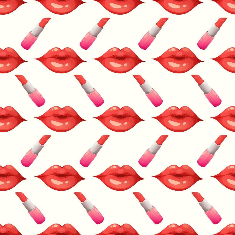 Seamless pattern with red lips and lipstick on white background. Kiss, love pattern. Vector illustration in cartoon style, garish vector