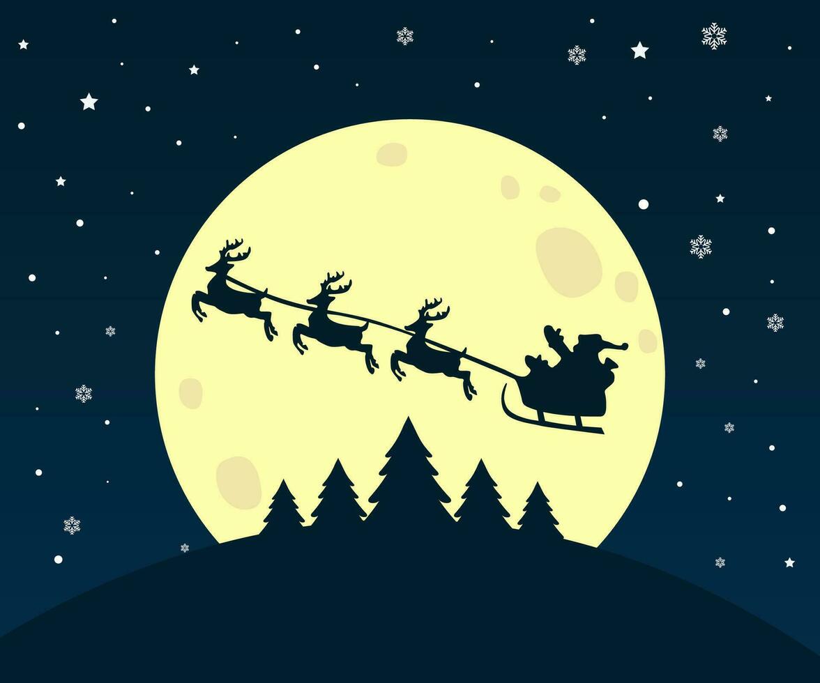 Papa Noel en un reno trineo en el cielo en contra el fondo de un grande amarillo luna.saludo tarjeta alegre Navidad y contento nuevo año. vector