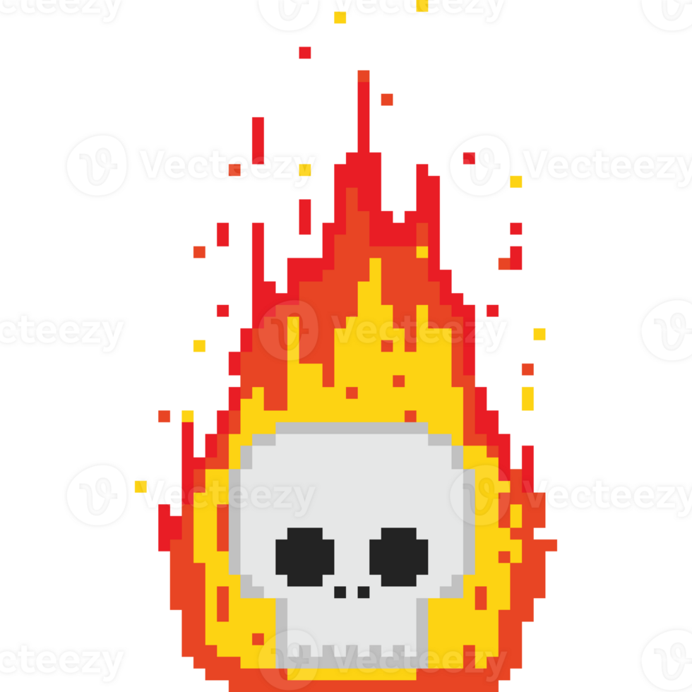 Pixel art fire skull head illustration png