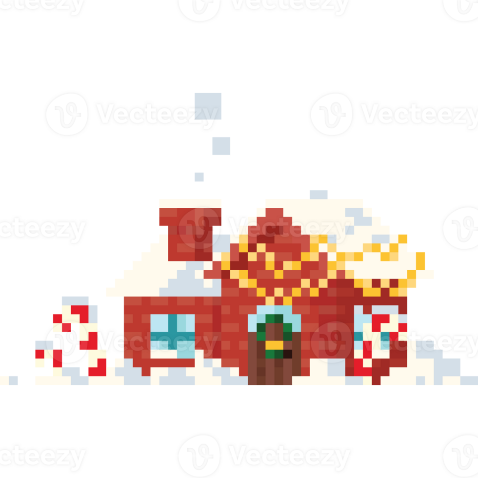 Pixel art snowy christmas red house 2 png