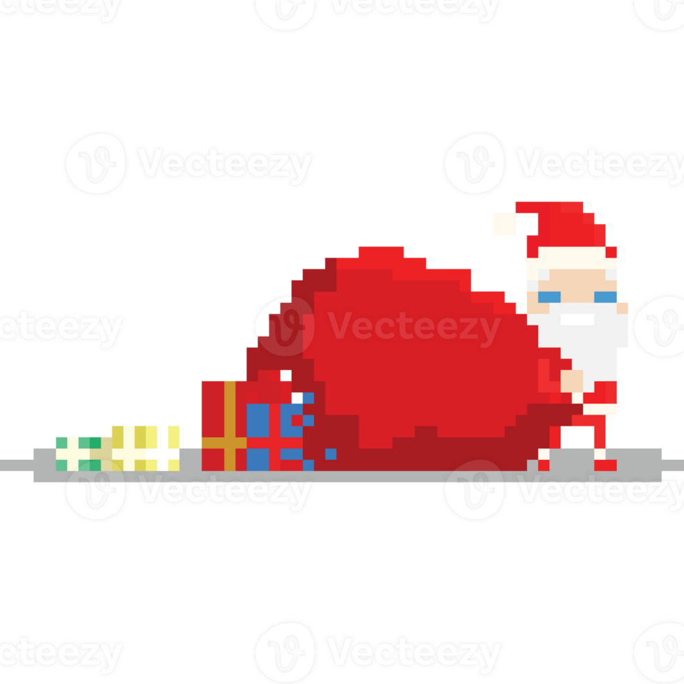 Pixel art mini santa claus with broken present bag png