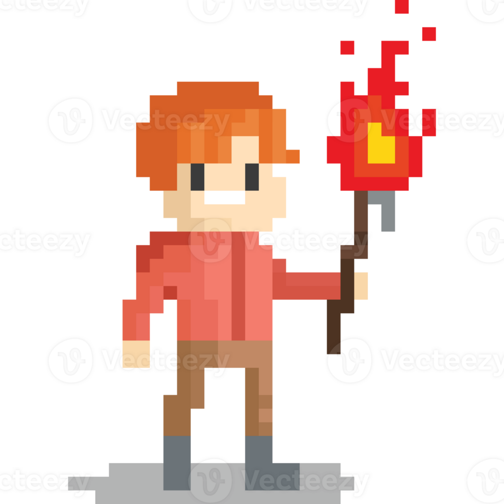 Pixel art man holding the fire torch png