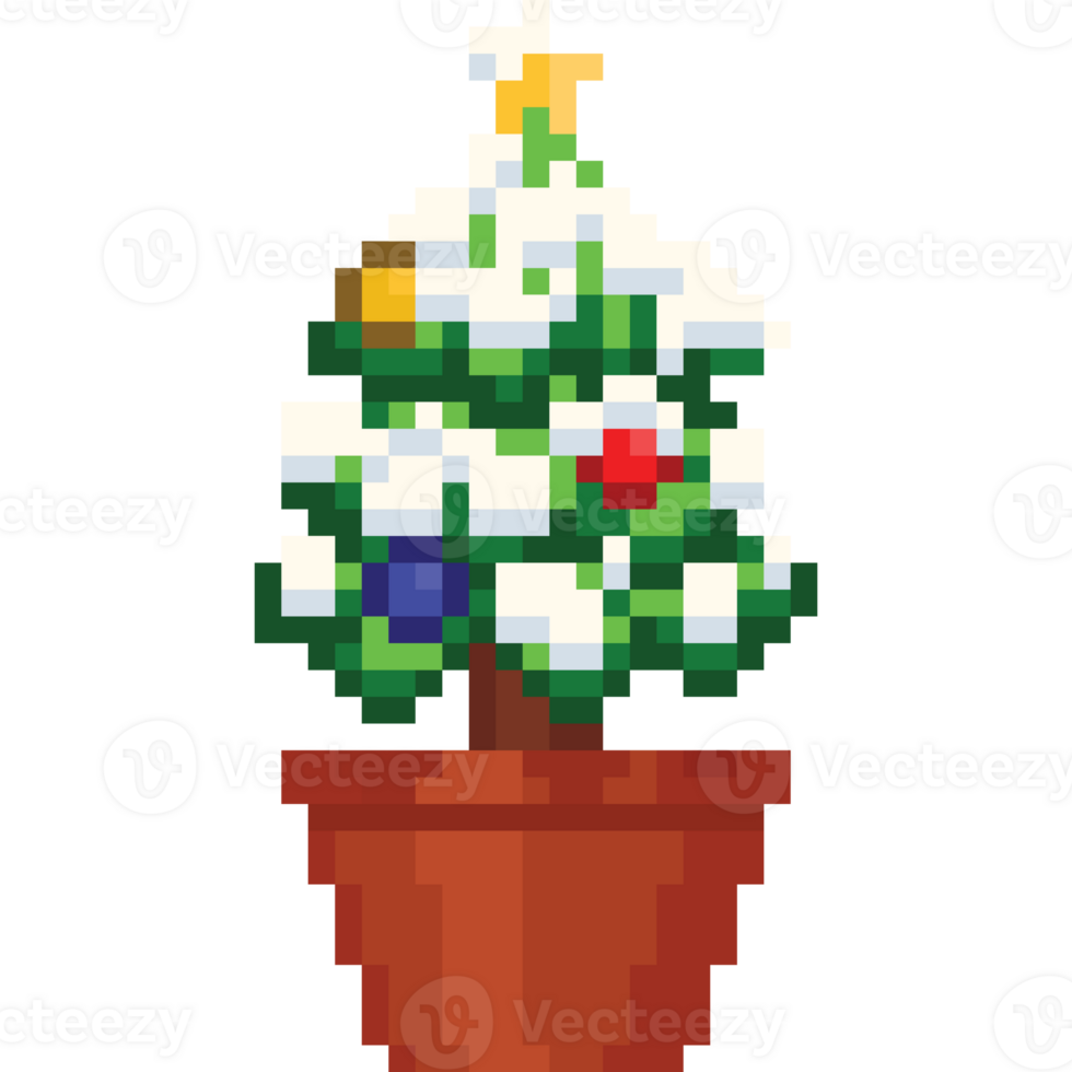 Pixel art snowy christmas tree on flower pot png
