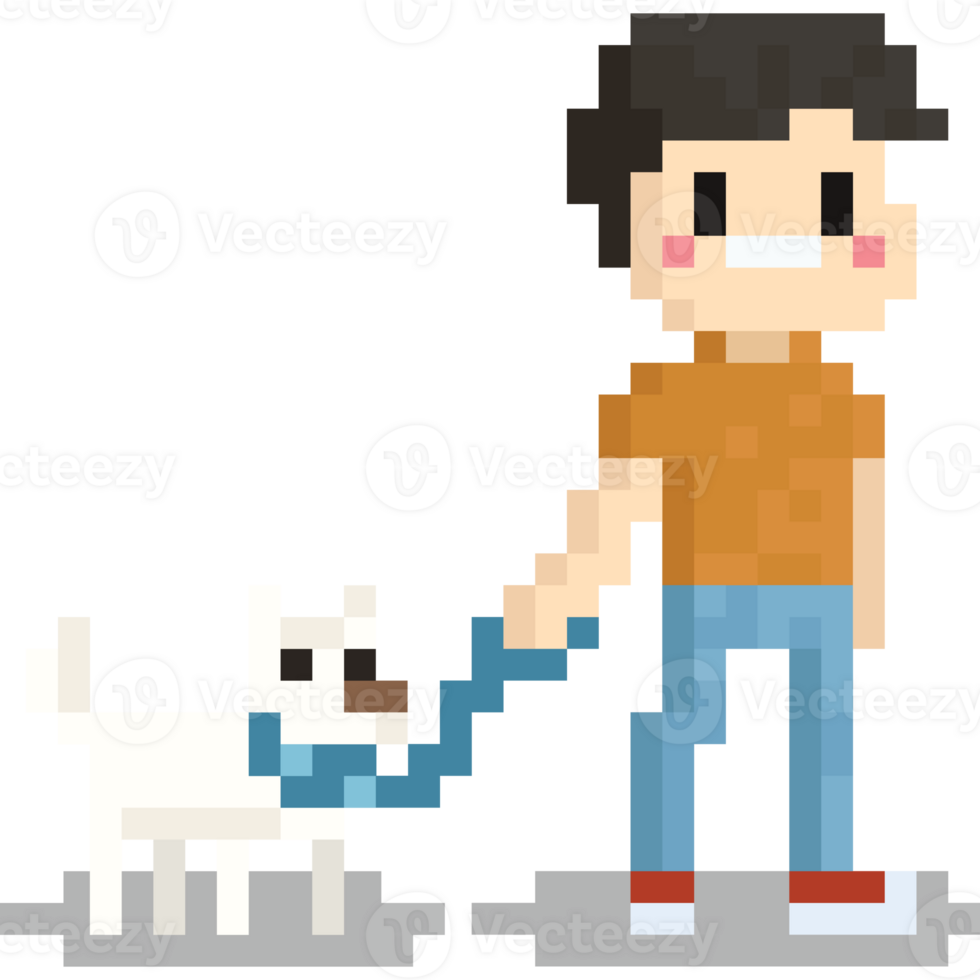 Pixel art man walking with dog character png