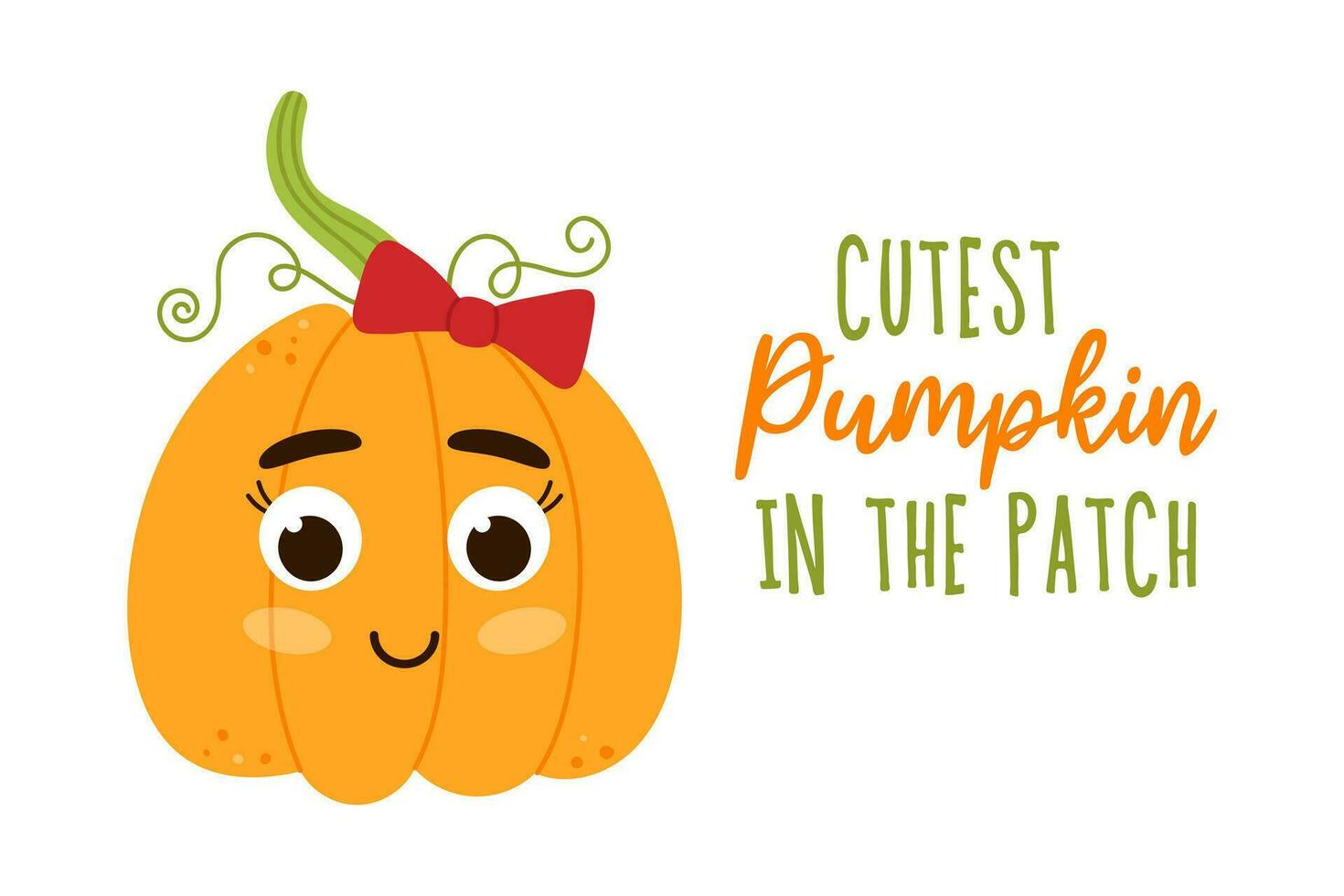 Cutest pumpkin in the patch hand drawn lettering. Little cute girl pumpkin with red bow. isolated vector illustration on white background