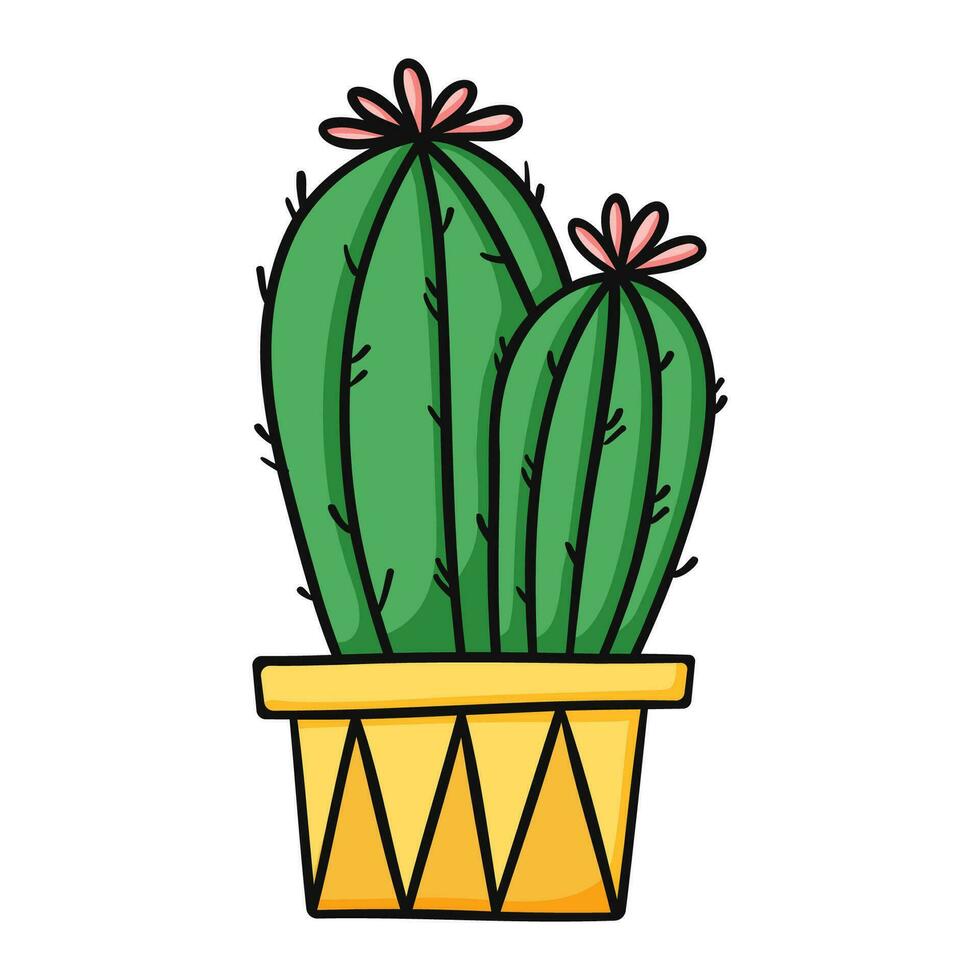 Cute green cartoon cactus with pink flowers in yellow pot. Isolated vector illustration on white background.