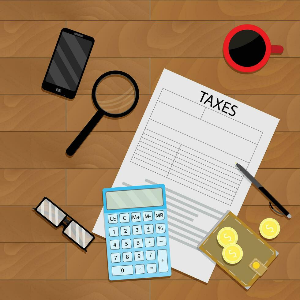 Financial illustration top view. Wallet, and tax form vector