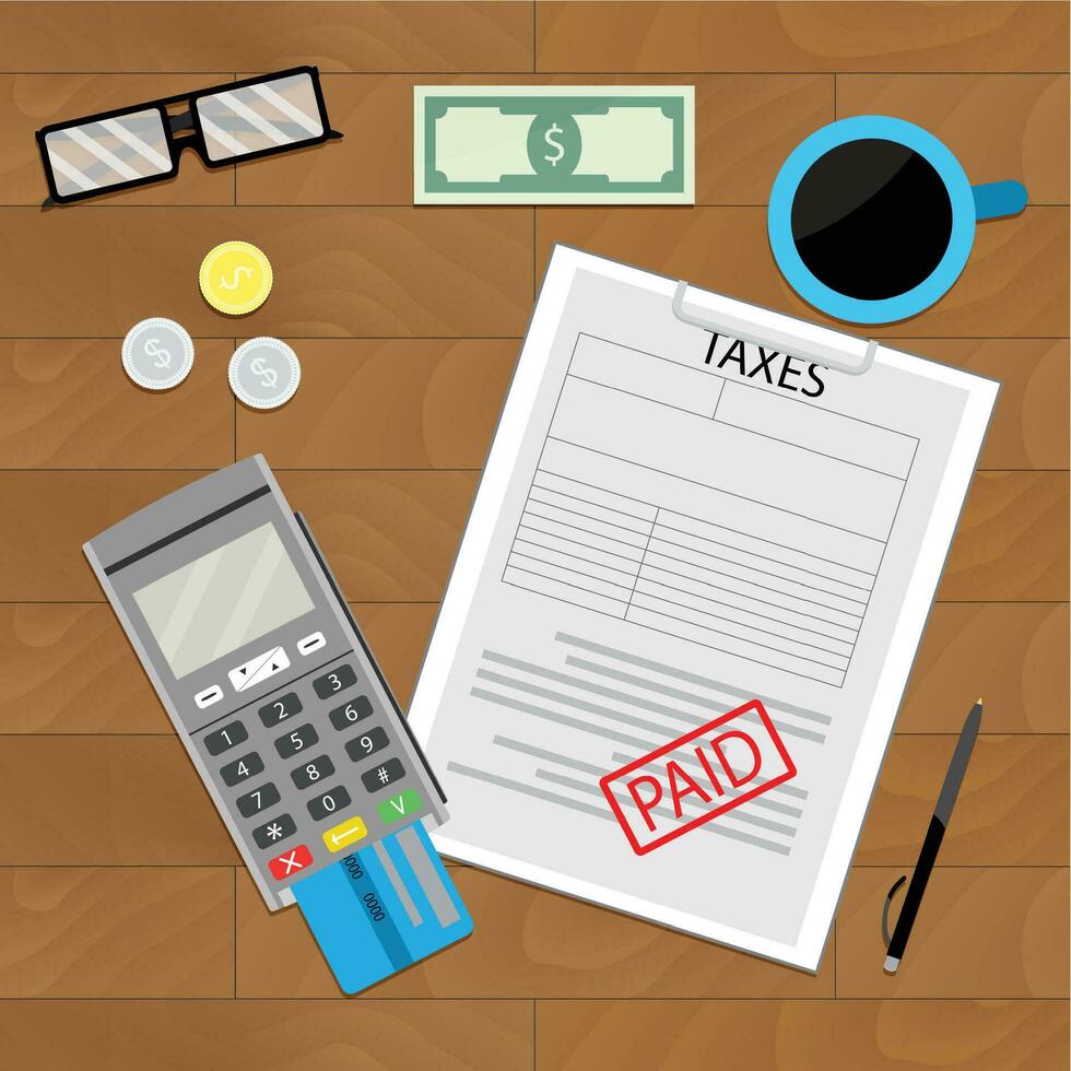 Tax paid, document. Financial paying terminal. Vector illustration