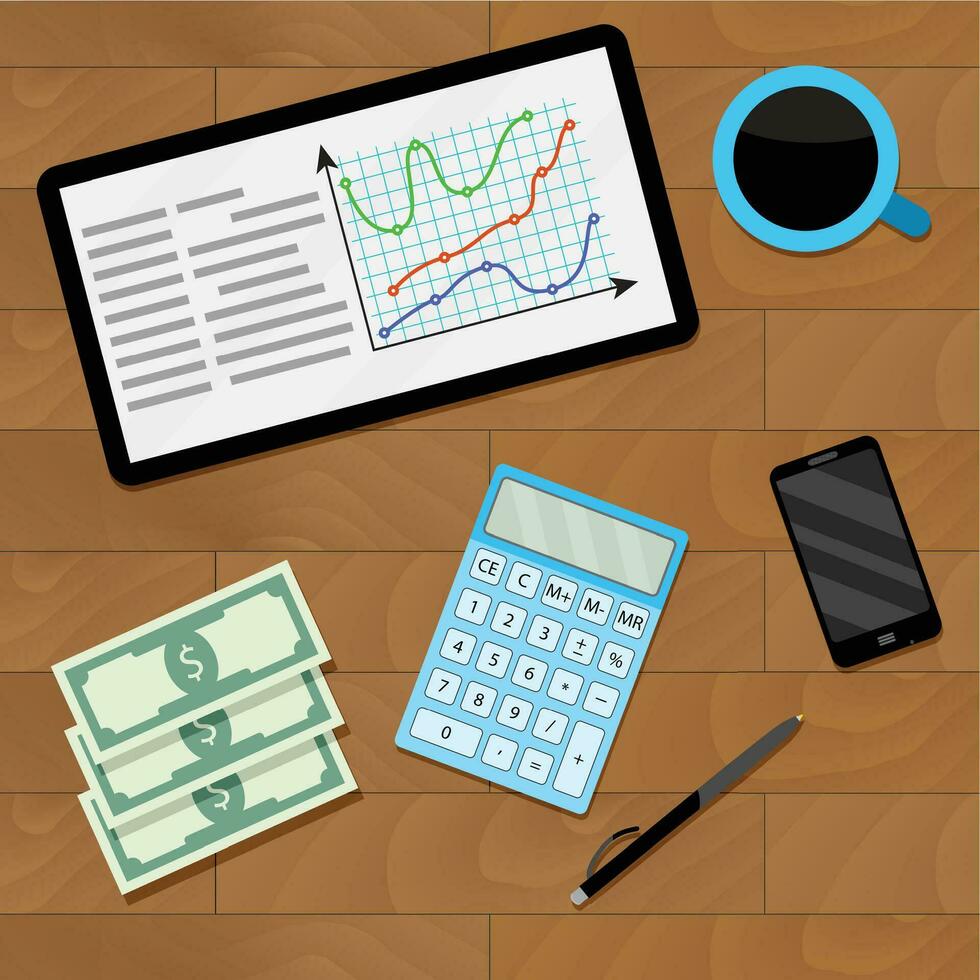 Market chart on tablet, vecto annual report and business analytics illustration vector