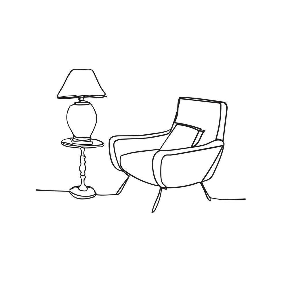 Continuous line interior with armchair,  floor lamp. One line drawing of Living room with modern furniture. Vector illustration