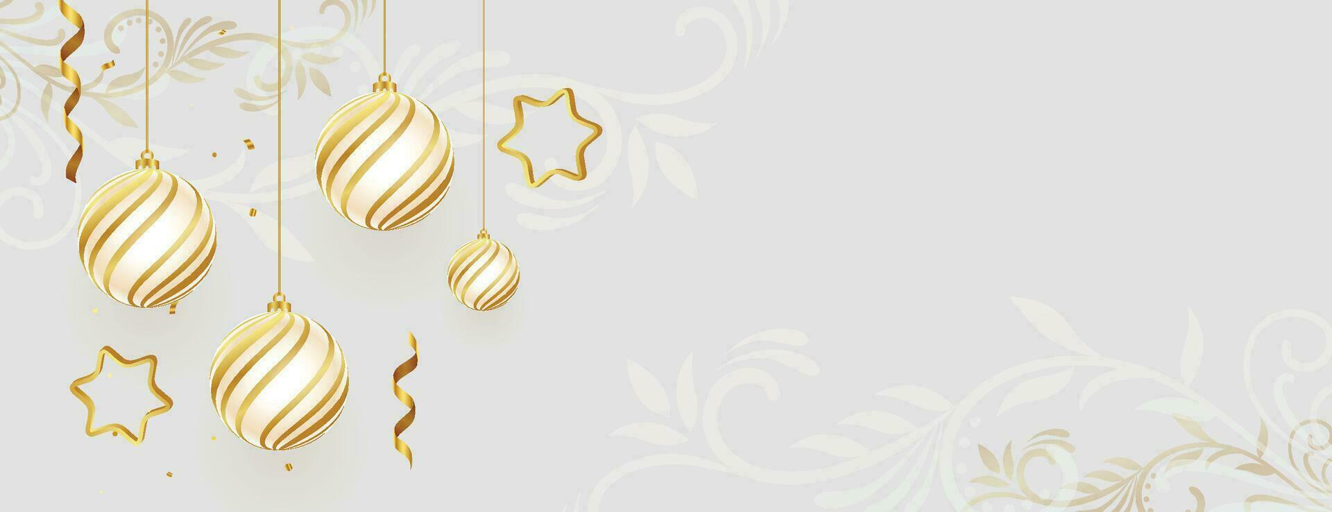 Christmas background. Xmas design decorative ornaments, white bauble balls, silver gift boxes, gold round beads. New Year's pattern of decorative realistic objects. Festive light composition vector