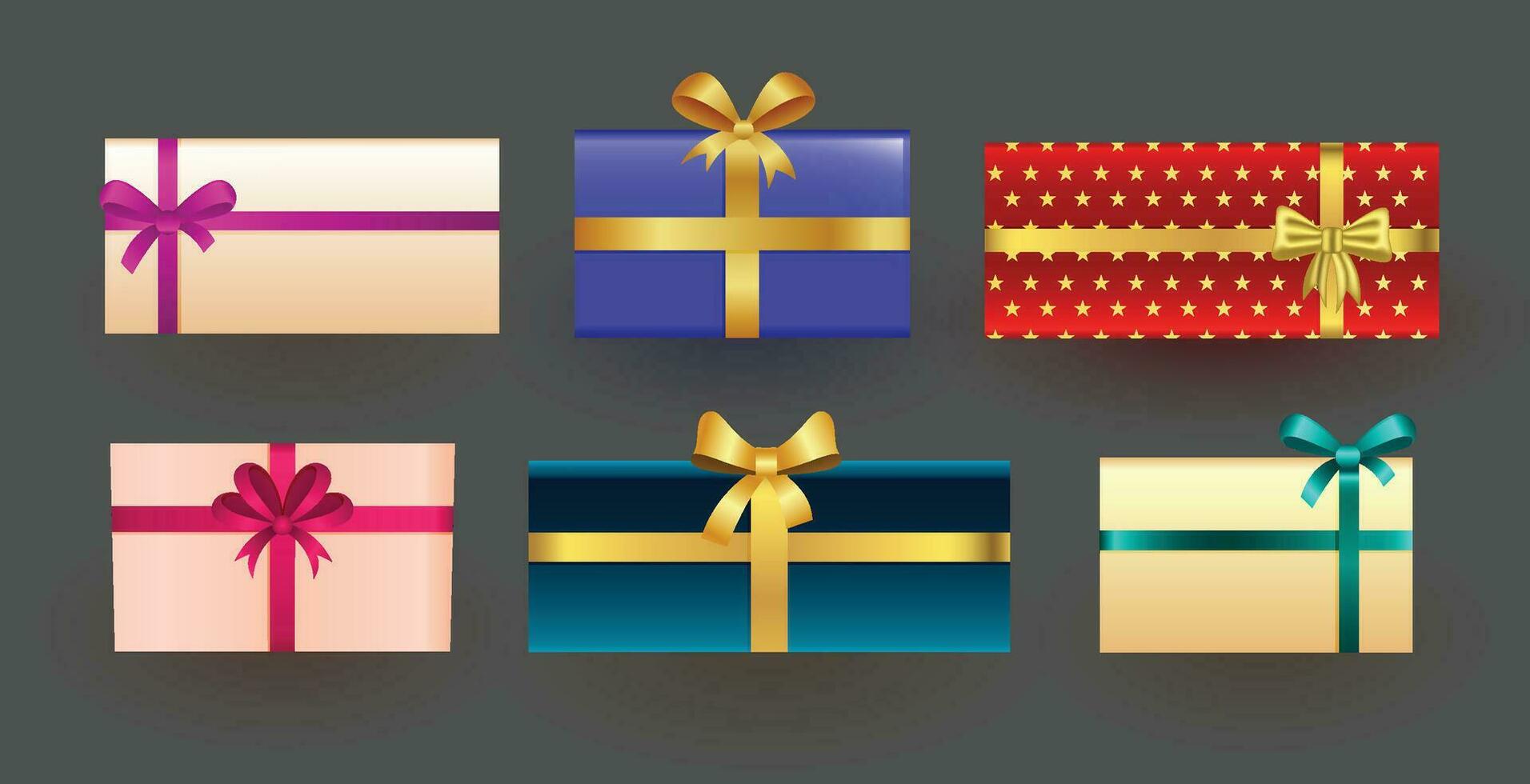 Set of colorful gift boxes with bows and ribbons. Illustration of isolated cartoon icon. Vector set christmas present.