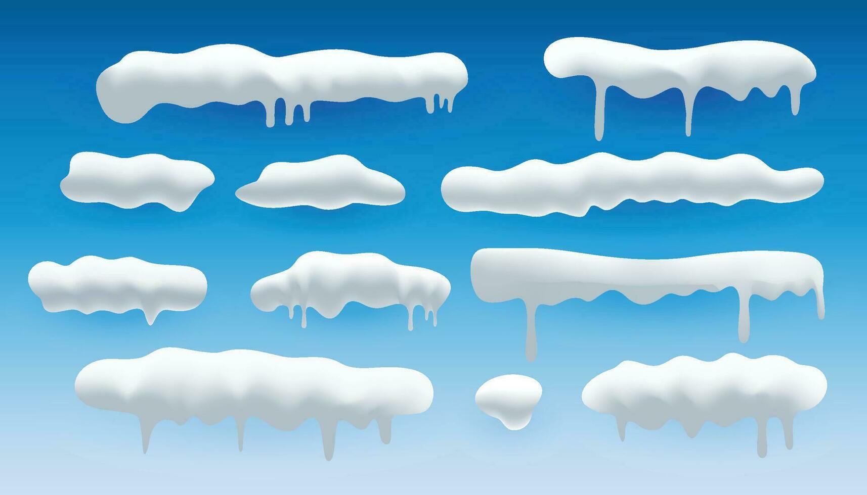 Snow 3d vector realistic set. Snowdrifts and icicles, winter. Christmas decorations