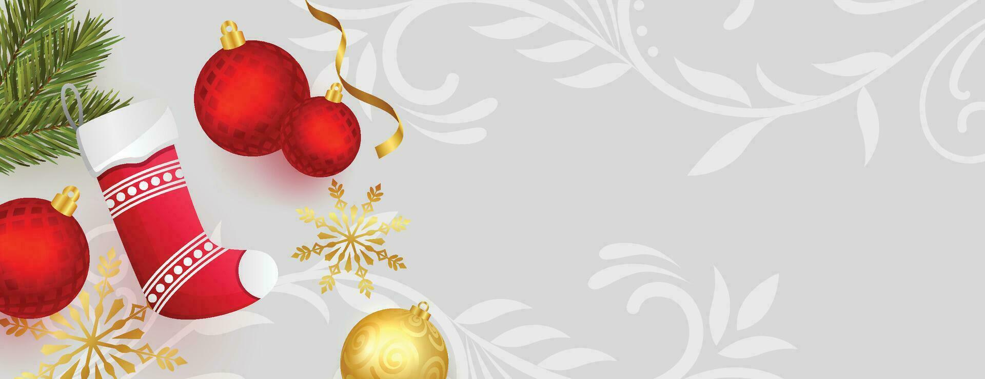 Christmas balls, holiday gifts with golden bow, fir tree branches, pine cones and shiny stars. Illustration can be used for Christmas design, posters, cards, websites and banners. vector