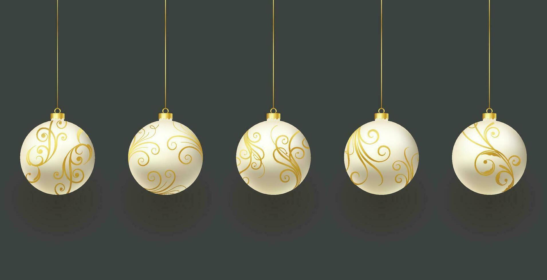 Marry Christmas and Happy New Year Christmas decorations ball hanging on ribbon, gold glitter confetti. Realistic 3d design. vector illustration