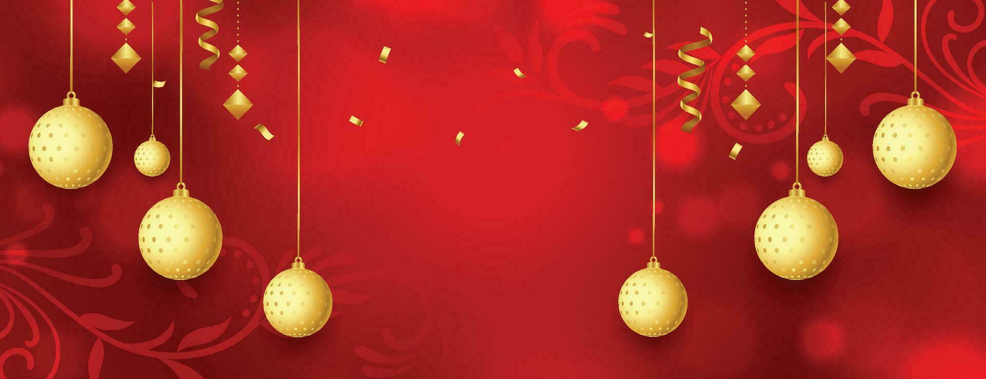 Christmas background with shining stars, confetti, garland and colorful balls. New year and Christmas vector card illustration on red background