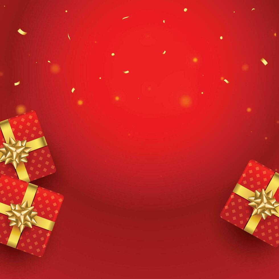 Christmas background with shining stars, confetti, garland and colorful balls. New year and Christmas vector card illustration on red background