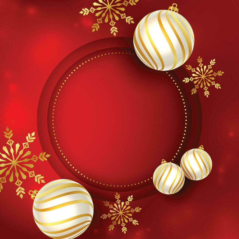 Christmas background with shining stars, confetti, garland and colorful balls. New year and Christmas vector card illustration on red background