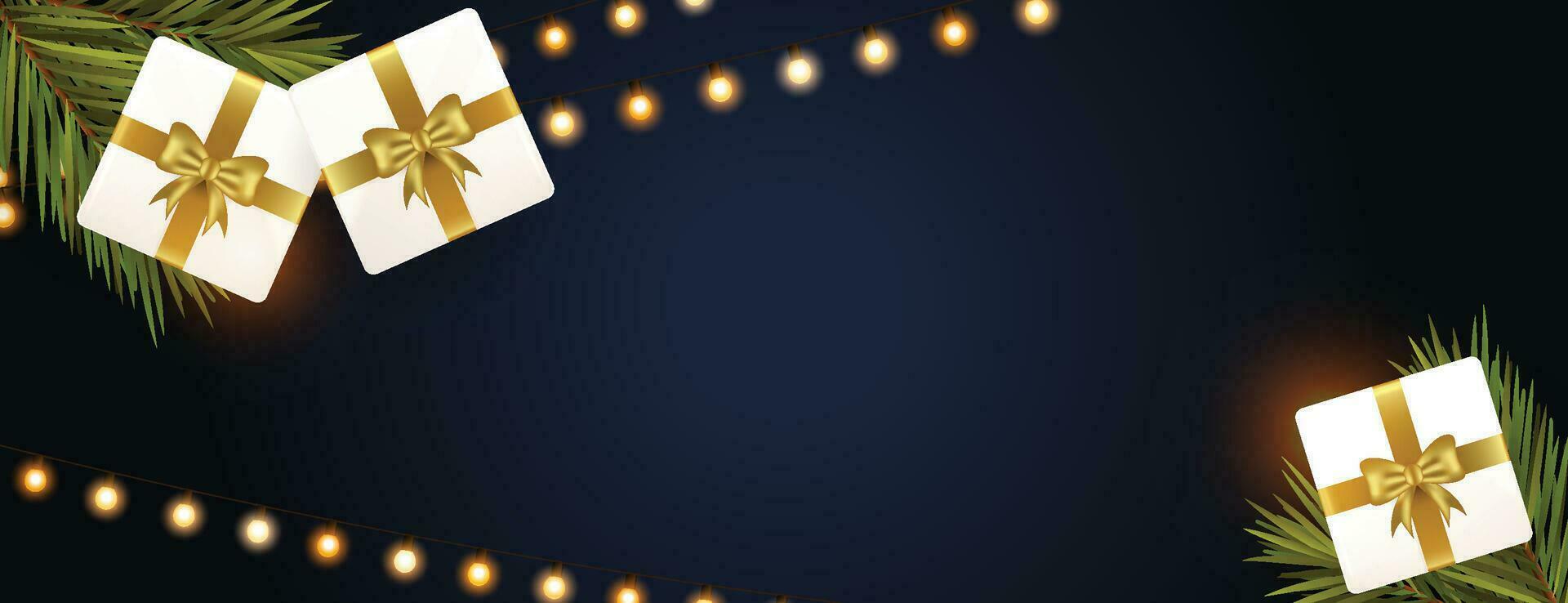 alegre Navidad y contento nuevo año antecedentes. pila de rojo regalo cajas con beige arco, entrega decorativo pelotas chuchería, verde pino arboles fiesta bandera, web póster, saludo tarjeta. vector ilustración