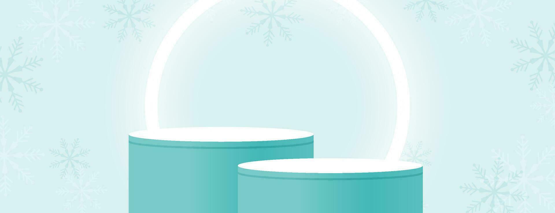 Merry Christmas banner with product display cylindrical shape and festive decoration for christmas vector