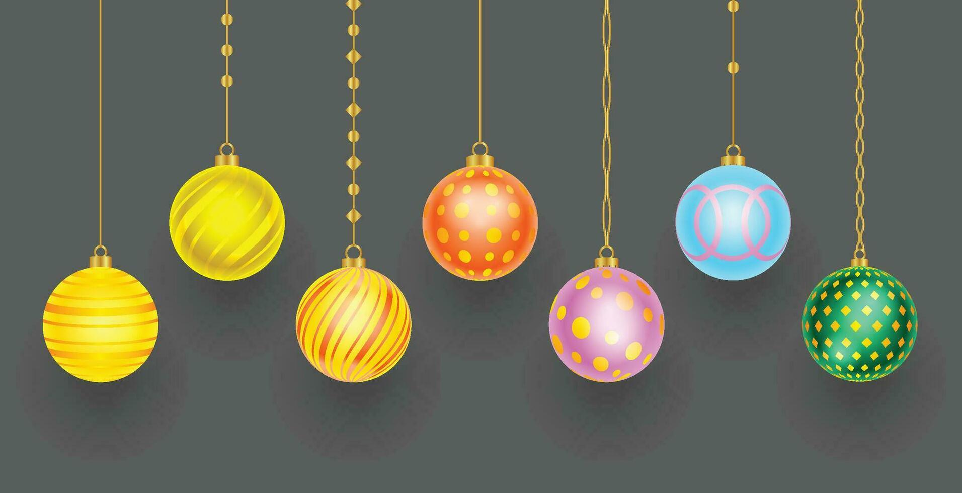 colorful shiny glowing Christmas balls. Xmas glass ball. Holiday decoration template. Vector illustration.