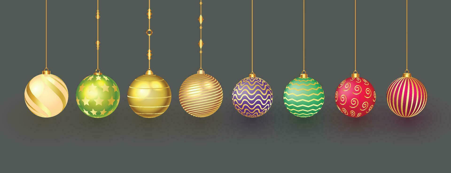 colorful shiny glowing Christmas balls. Xmas glass ball. Holiday decoration template. Vector illustration.