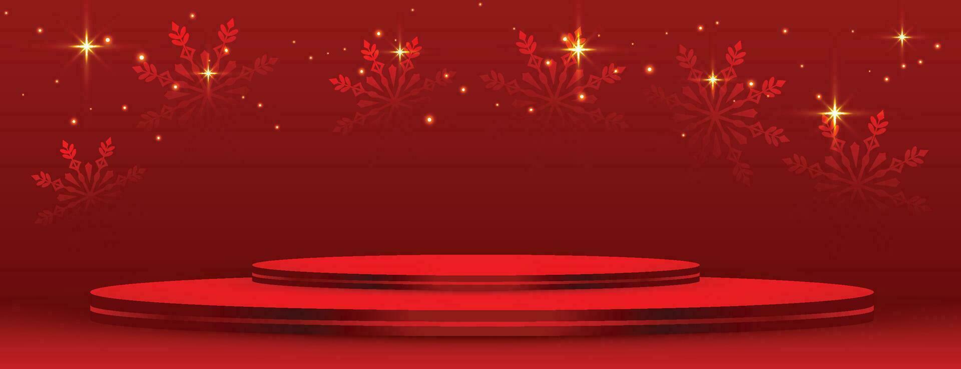 Merry Christmas banner with product display cylindrical shape and festive decoration for christmas vector