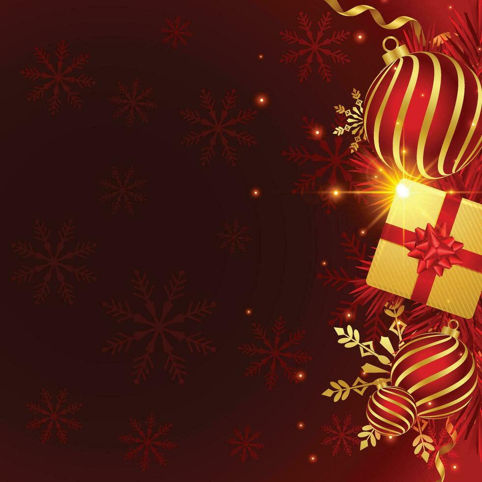 Christmas balls, holiday gifts with golden bow, fir tree branches, pine cones and shiny stars. Illustration can be used for Christmas design, posters, cards, websites and banners. vector