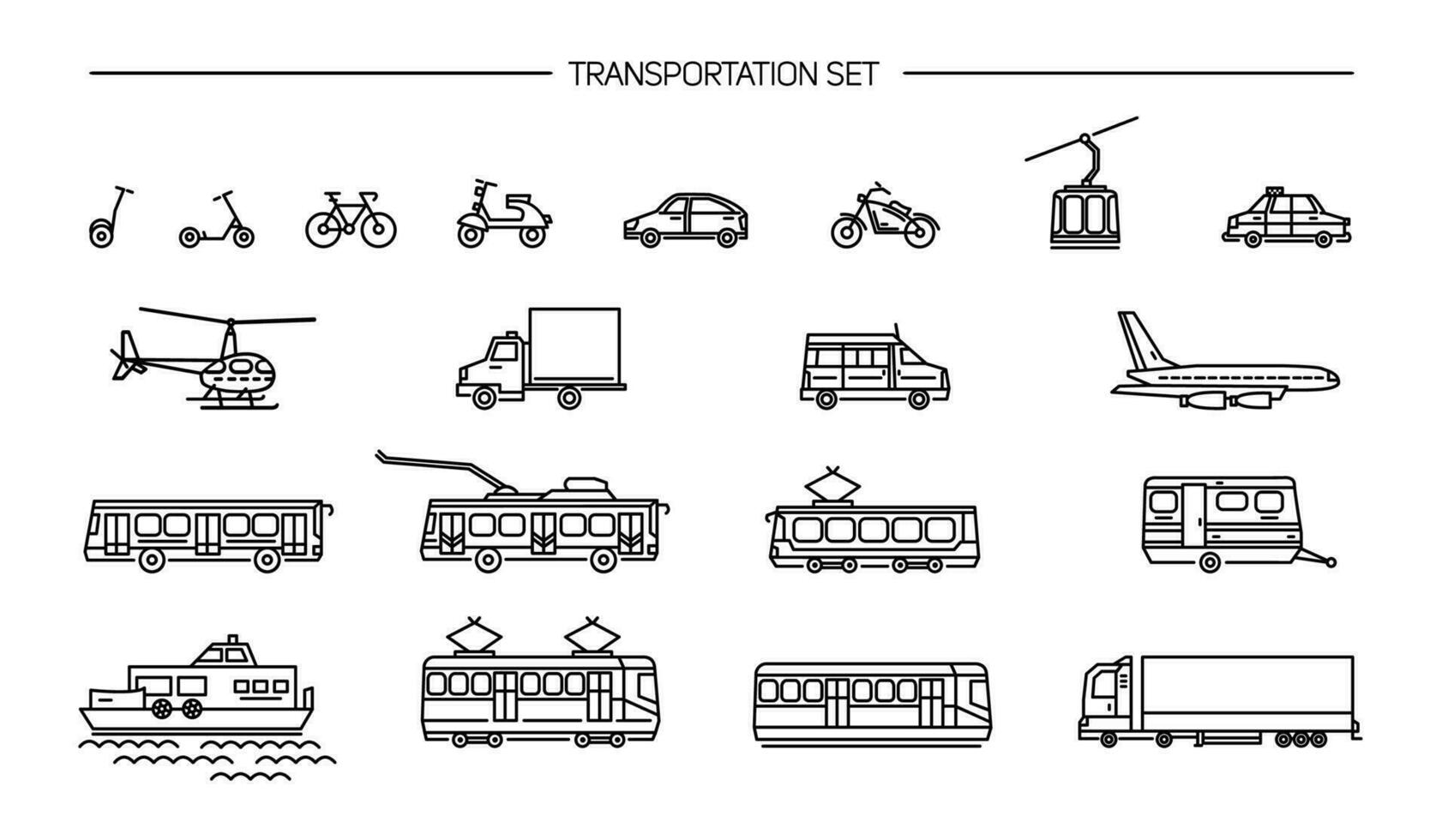 Lineart icon set with ground transport, aviation and water transportation on white background. Collection with bike, bus, trolley, subway, train, car, airplane, scooter, funicular, tram, plane, boat. vector