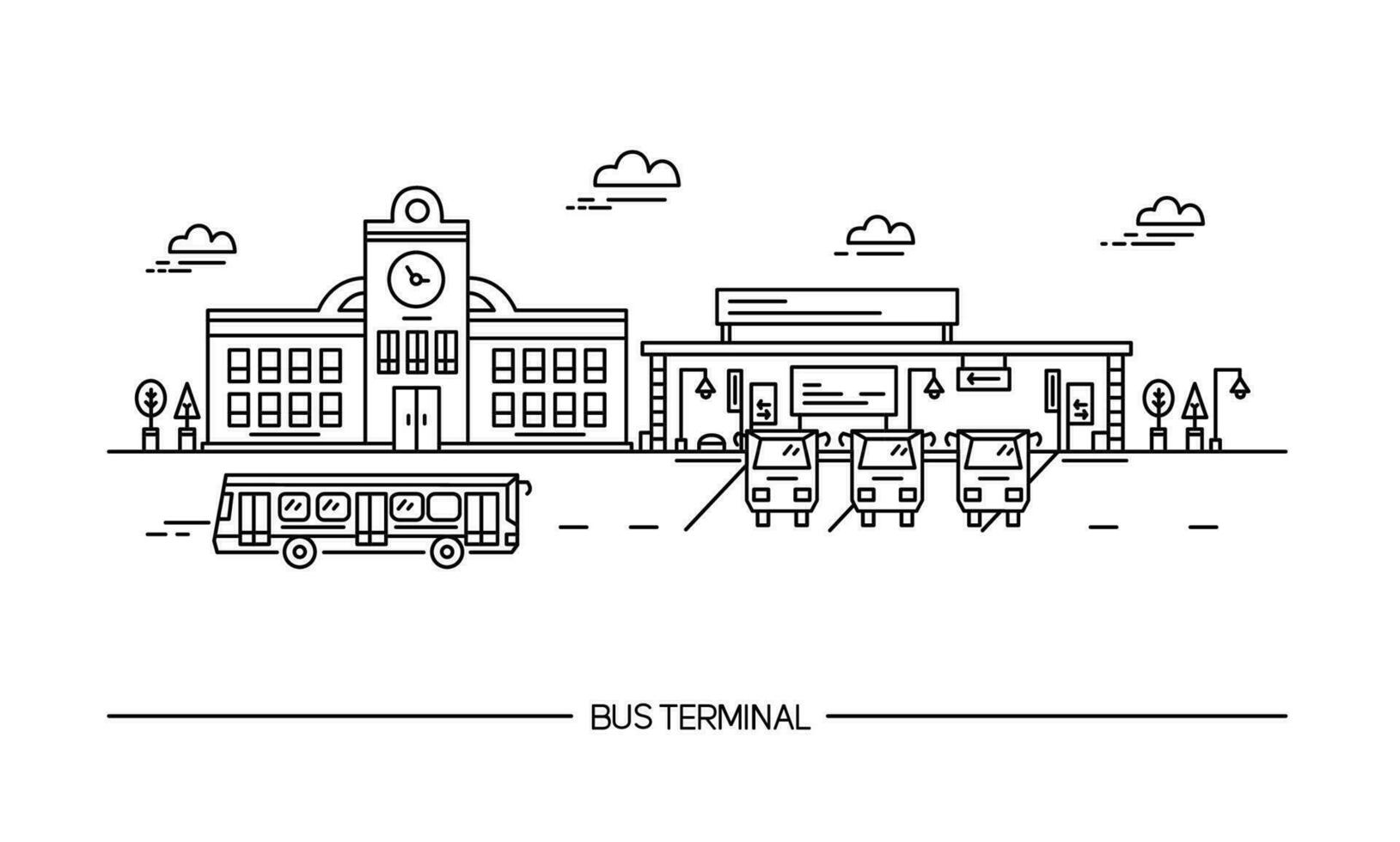 Line art bus terminal, station. illustration in flat style. vector