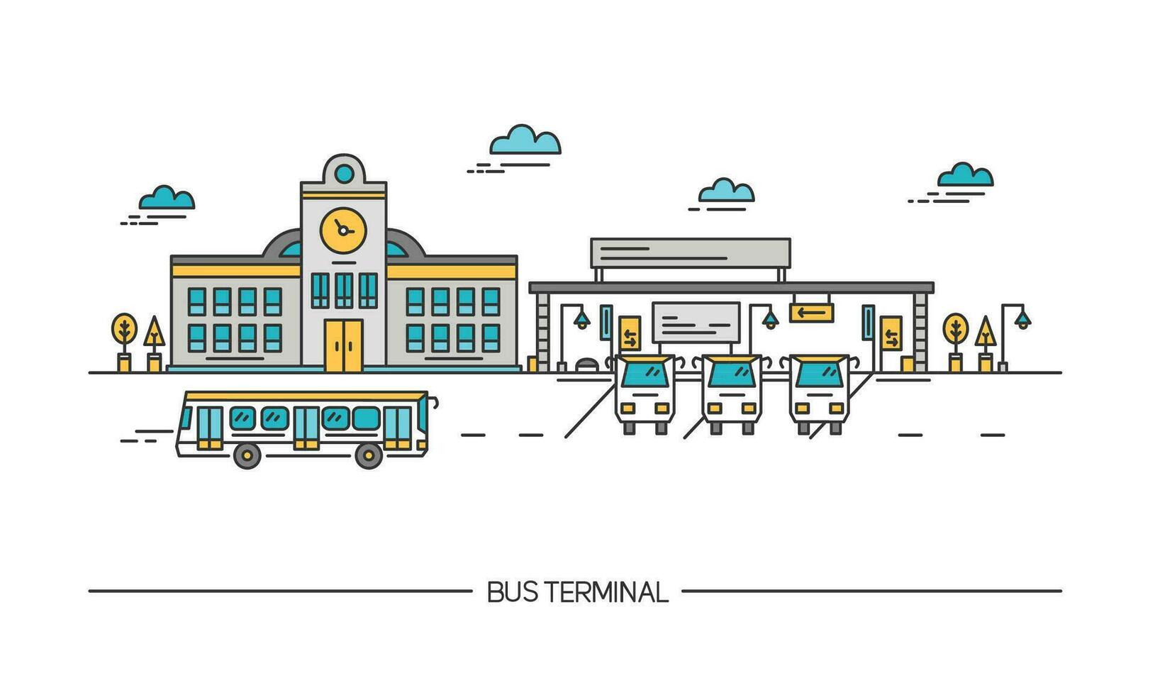 línea Arte autobús Terminal, estación. vistoso ilustración en plano estilo. vector