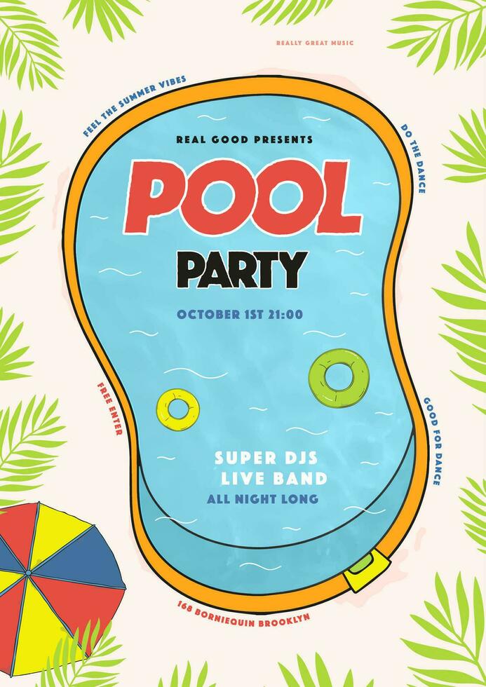 Pool party poster. Summer event, festival vector colorful Illustration, placard.