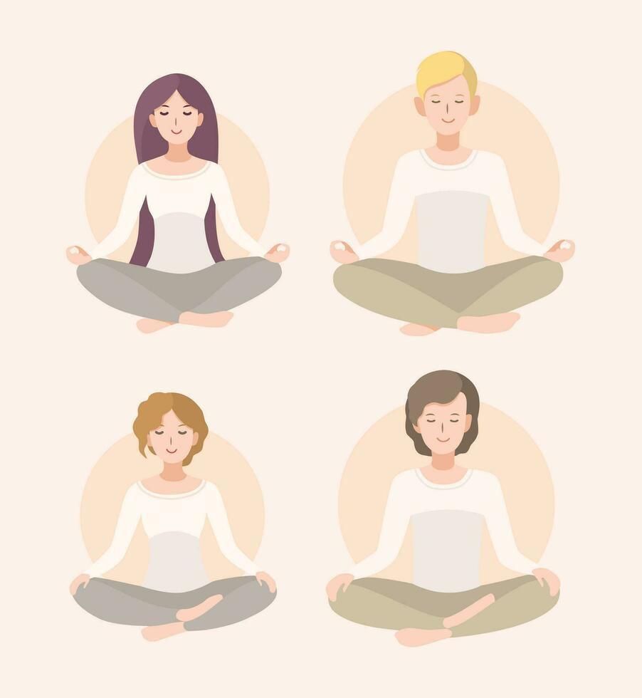 Set young woman and man meditating in lotus pose and crossed legs . Relaxation, isolated people illustration. vector