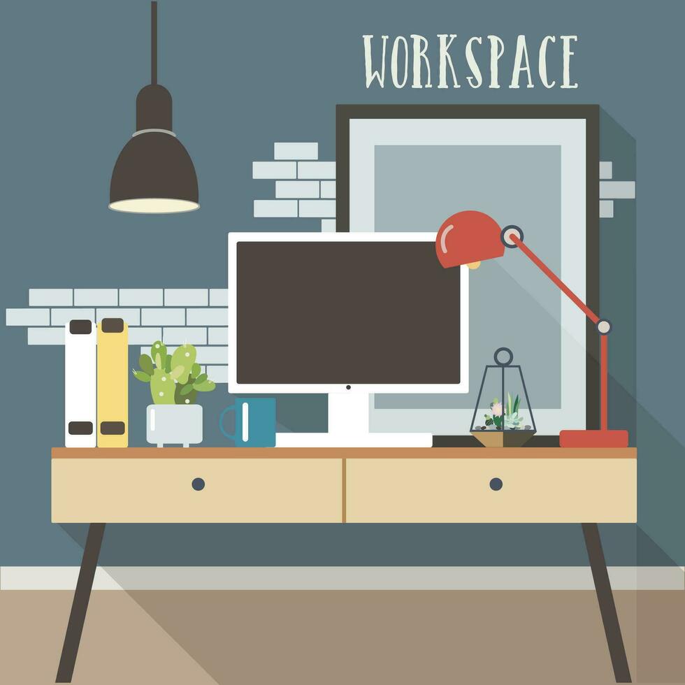 Modern workplace interior in loft style. Workspace, colorful flat illustration. vector