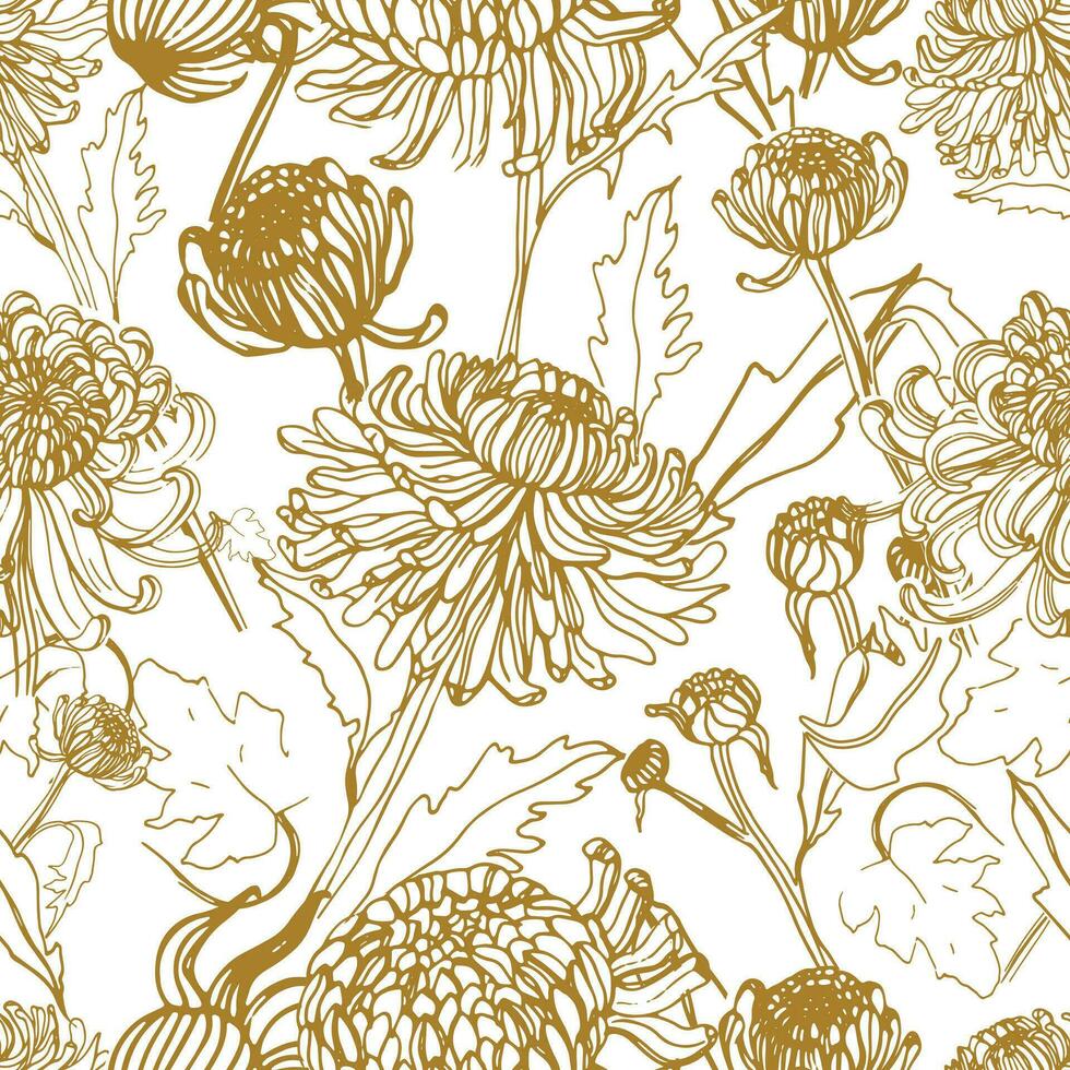 Japanese chrysanthemum hand drawn seamless pattern with buds, flowers, leaves. Vintage style illustration. vector