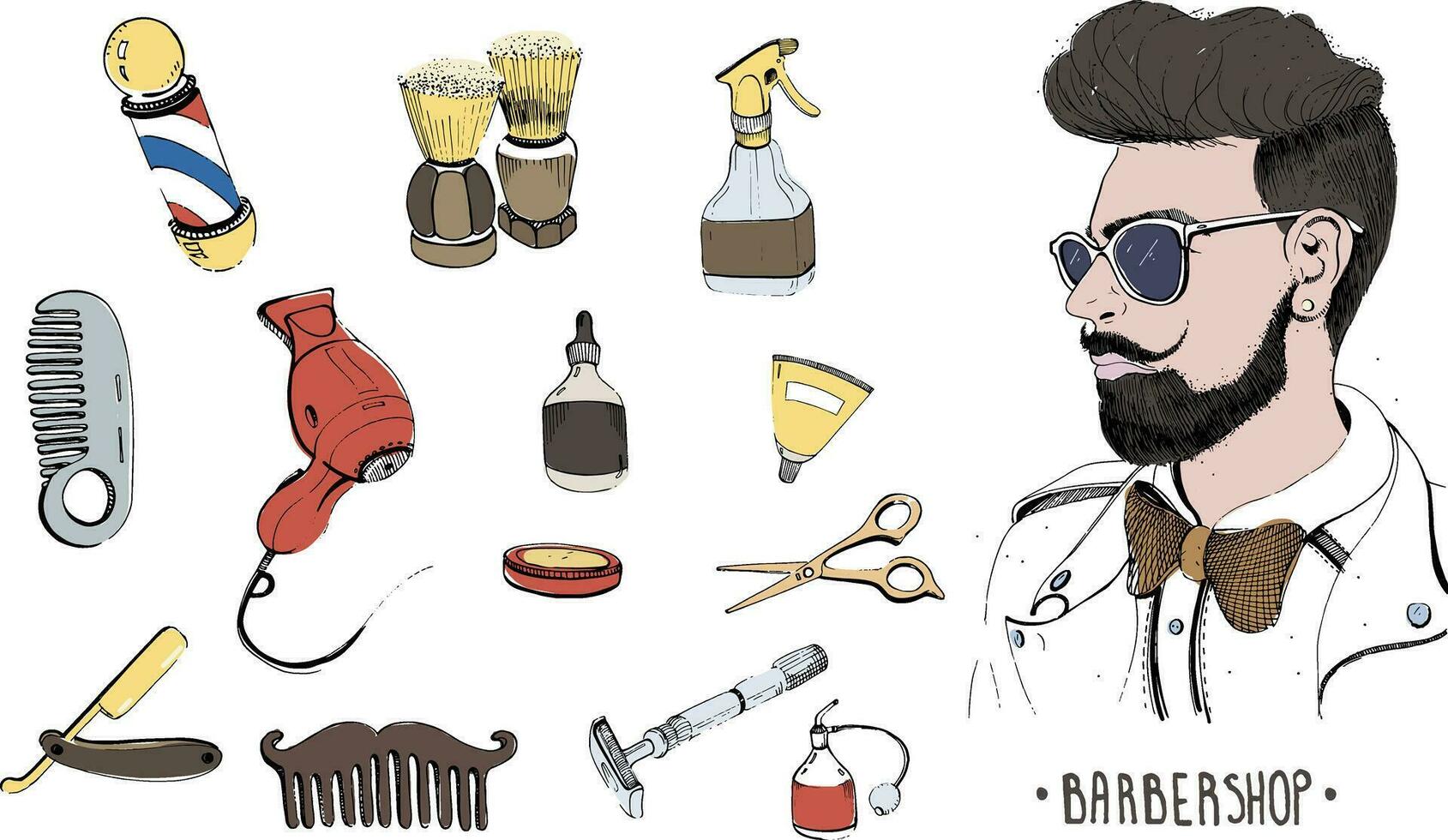 Hand drawn barbershop set. Collection accessories, comb, razor, shaving brush, scissors, hairdryer, barber's pole and bottle spray. Colorful vector illustration on white background.
