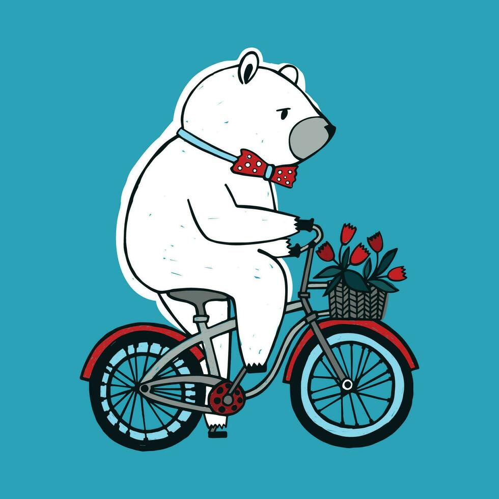 el oso en el bicicleta con cesta y flores Clásico ilustración en azul antecedentes. vector