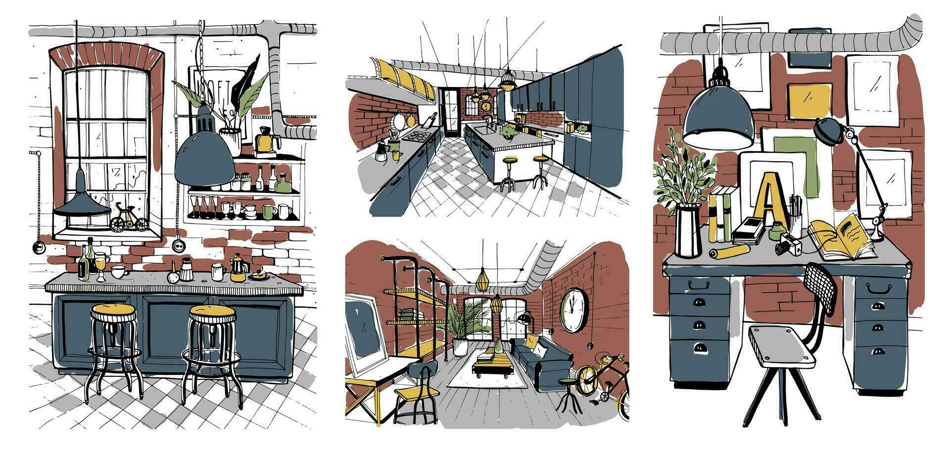Modern rooms interiors in loft style. Set of hand drawn colorful illustration. vector