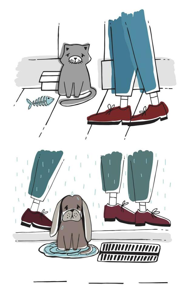 el extraviado gato y perro afuera. Vagabundo mascotas con triste mirar. mano dibujado vector ilustración.