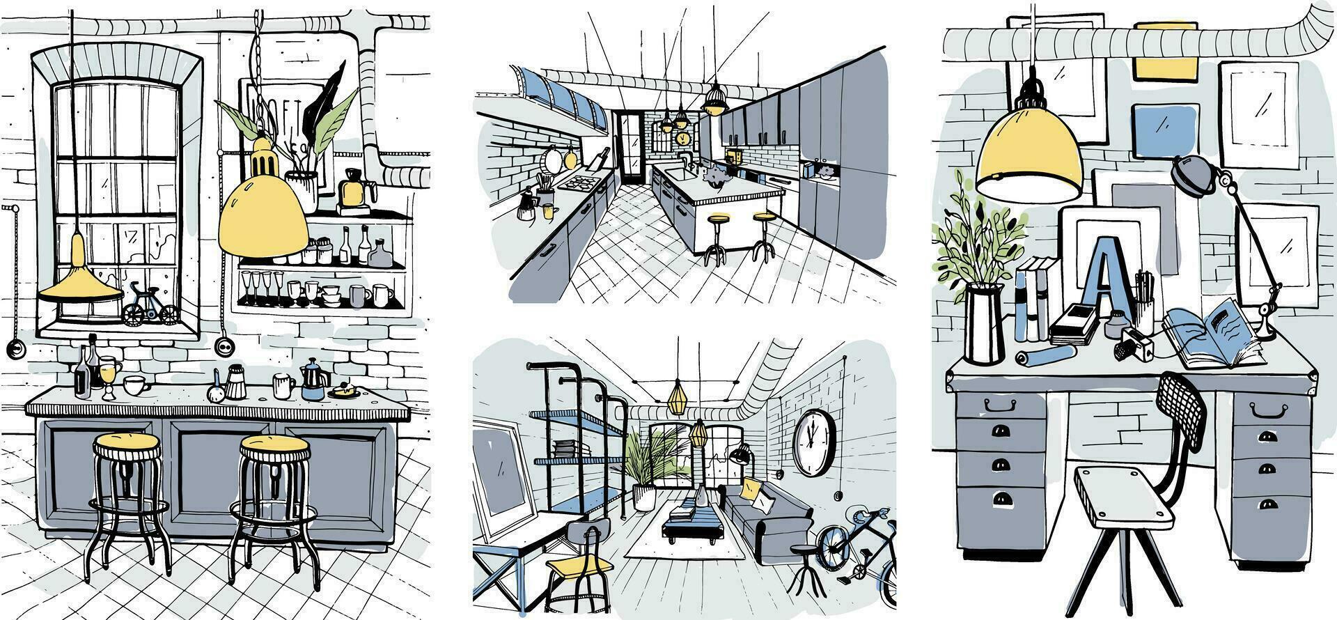 Modern room interiors in loft style. Set of hand drawn colorful illustration. vector