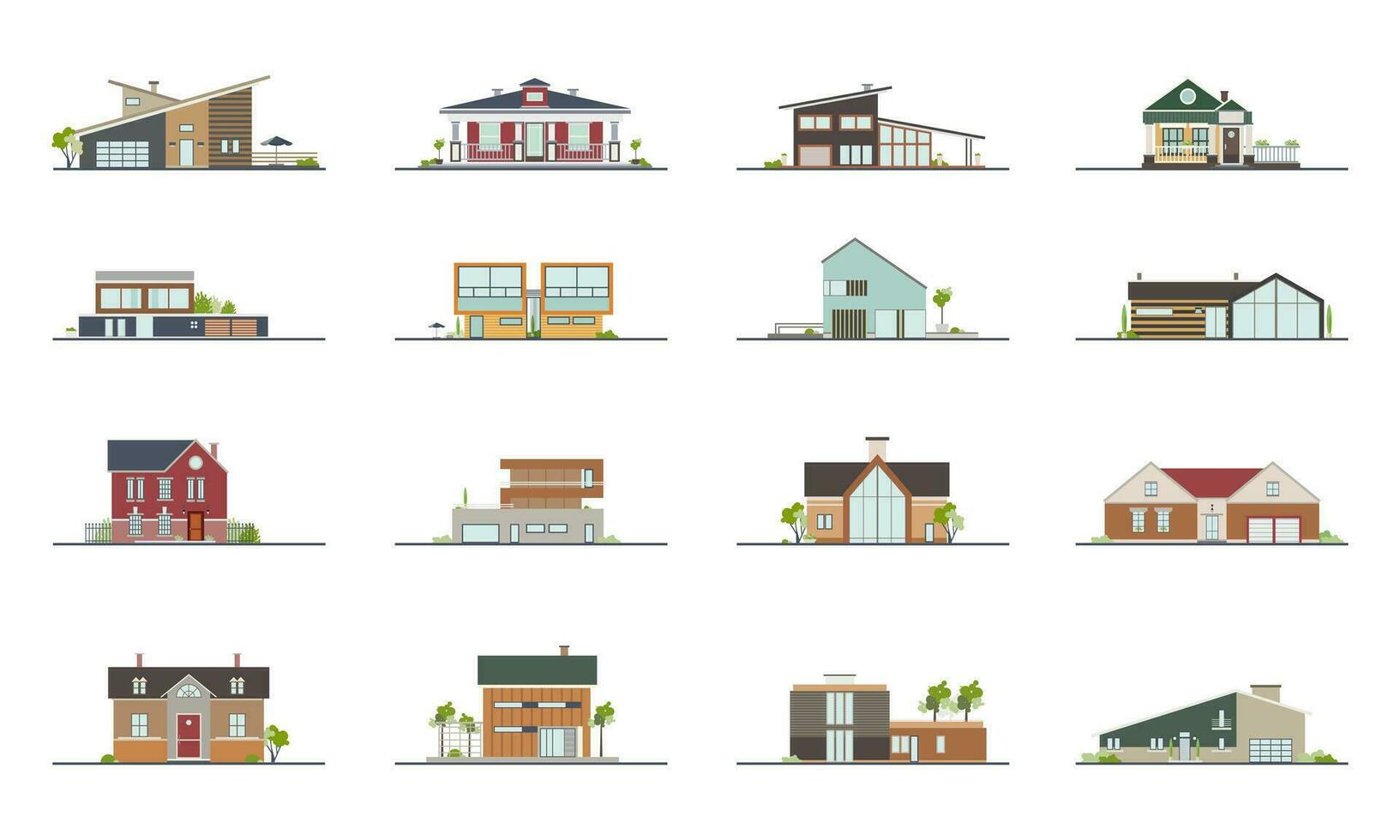 Set of different styles residential houses. Colorful flat vector illustration. Collection building, villa, cottage, mansion.