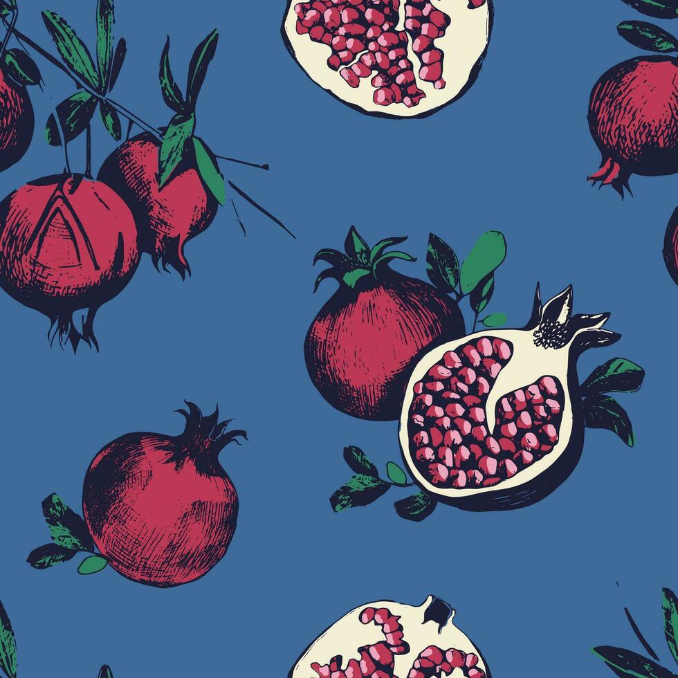 Seamless pattern with pomegranates. Fruits on blue background. vector